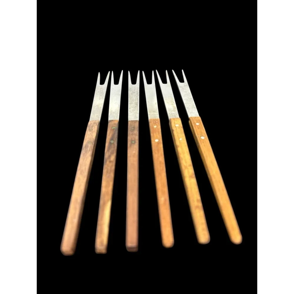 12 Vintage Stainless Steel Wood Handle Fondue‎ Forks Japan Retro 2 Tines